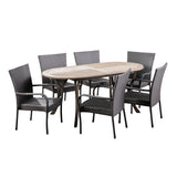 Jasper Outdoor 7 Piece Wood and Wicker Dining Set, Gray Finish and Gray Noble House