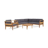 Aston Outdoor Mid-Century Modern Acacia Wood 5 Seater Sectional Chat Set with Club Chair, Teak and Dark Gray