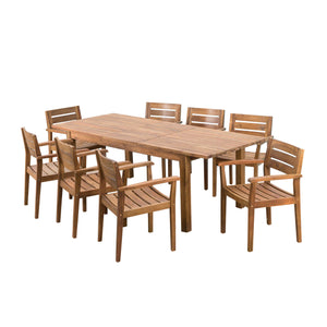 Wilson Outdoor 9 Piece Teak Finished Acacia Wood Dining Set with Expandable Dining Table Noble House