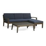 Grenada Outdoor Mid-Century Modern 3 Seater Acacia Wood Sectional Sofa with Coffee Table and Ottoman, Gray and Dark Gray Noble House