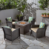 St. Lucia Outdoor 4 Piece Wicker Club Chair Chat Set with Fire Pit, Brown and Tan Noble House
