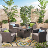 Bedrock Outdoor 4-Seater Wicker Print Chair Set with Fire Pit, Brown and Mixed Beige Noble House