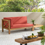 Brava Outdoor Acacia Wood Left Arm Loveseat and Coffee Table Set with Cushion, Teak and Red Noble House