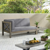 Brava Outdoor Acacia Wood Left Arm Loveseat and Coffee Table Set with Cushion, Gray and Dark Gray Noble House