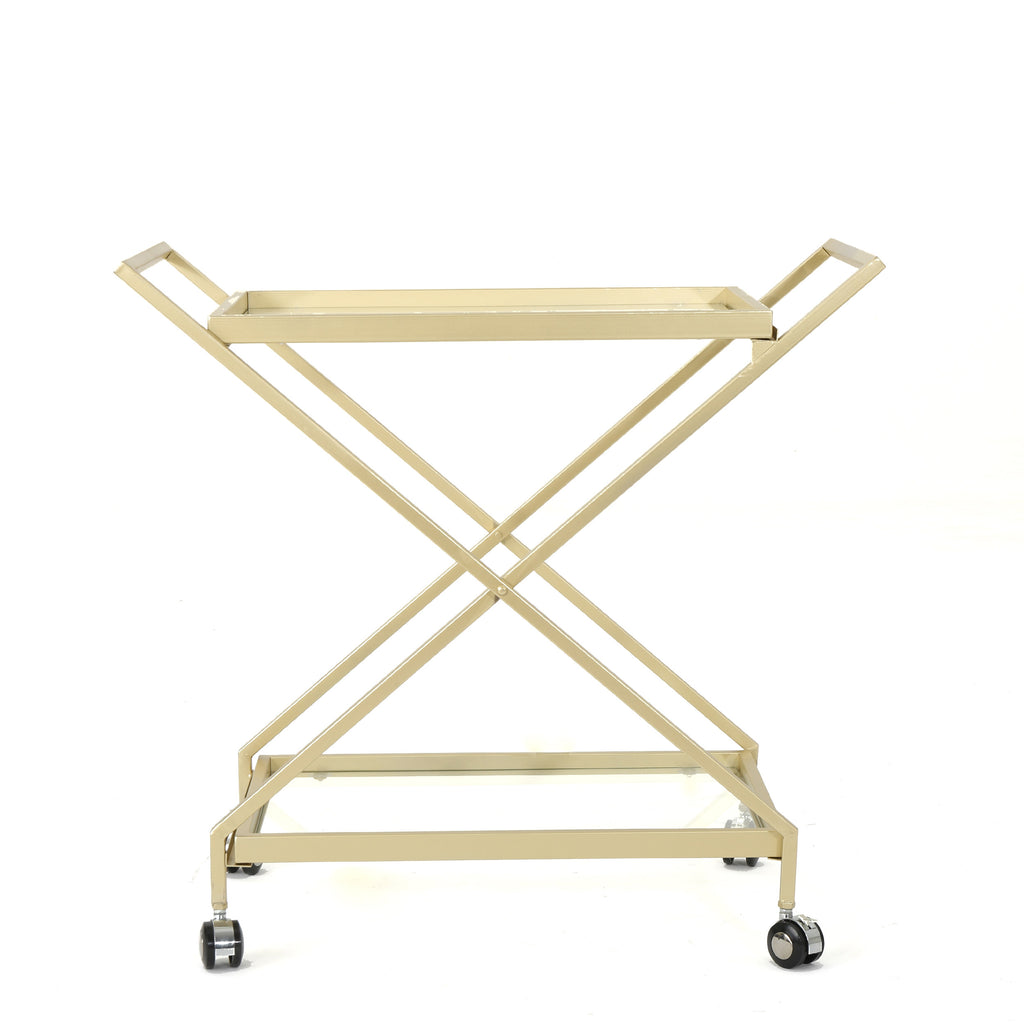 Sherianne Industrial Iron Bar Cart with Tempered Glass Shelves, Gold Noble House