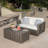 Cadence Outdoor Grey Finished Acacia Wood Loveseat and Coffee Table Set with Cream Water Resistant Cushions Noble House