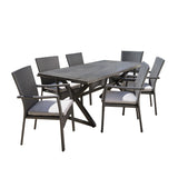 Adina Outdoor 7 Piece Grey Aluminum Dining Set with Grey Wicker Dining Chairs and Grey Water Resistant Cushions Noble House