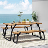 Varva Outdoor Acacia Wood 3 Piece Picnic Dining Set, Teak and Black Noble House